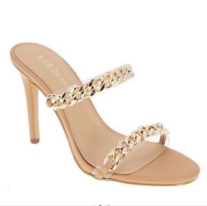 BCBGENERATION Womens Chain Jesta heels|Size 7M| Clear- Tan- Gold| New W/ Box